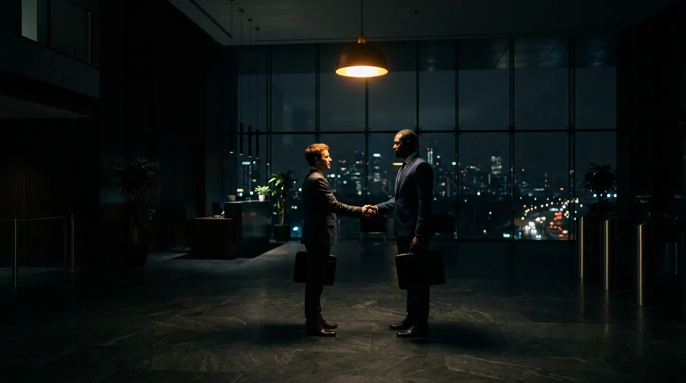 Two people shaking hands in a dark lobby